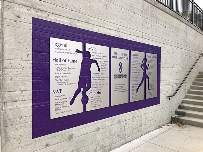 Exterior Routed Metal Donor Wall Display for Notre Dame de Sion in Kansas City, Missouri