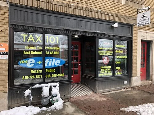 Second Surface Window Decals and Lettering for Tax 101 LLC in Kansas City, Missouri