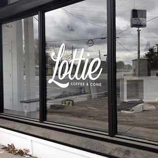 Cut White Vinyl Logo Window Graphic for The Lottie Coffee & Cone in Lake Lotawana, Missouri