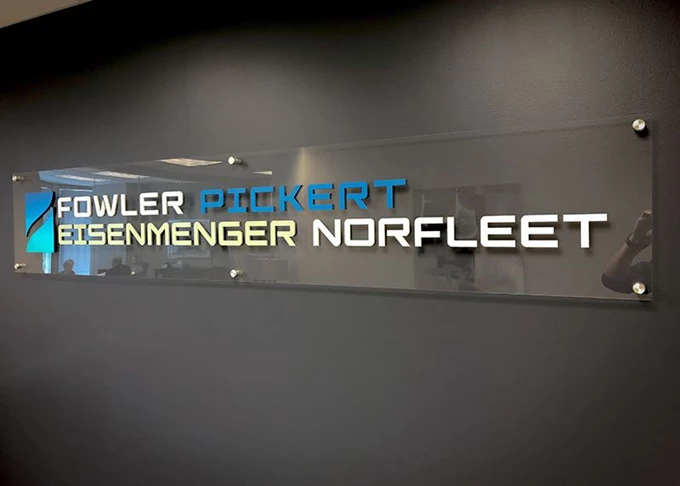 Interior Clear Acrylic with Custom Painted Dimensional Letters and Brushed Silver Standoffs for Fowler Pickert Eisenmenger Norfleet in Kansas City, Missouri