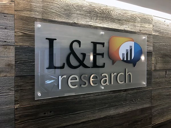Frosted Acrylic Dimensional Lobby Sign for L&E Research in Kansas City, Missouri