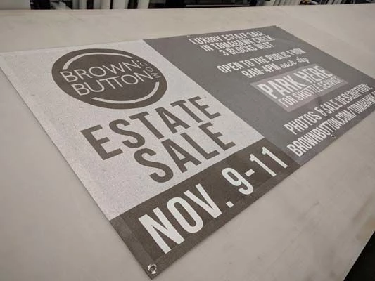 Exterior Mesh Vinyl Banner with Grommets for Brown Button Estate Sales in Kansas City, Missouri