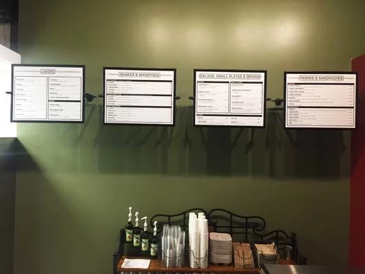 Styrene Menu Boards with Custom Hanging Frames for Songbird Cafe in Kansas City, Missouri