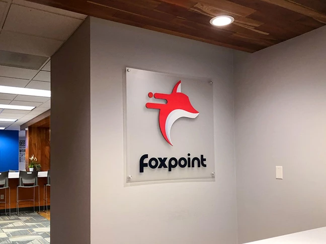 Interior Frosted Acrylic Dimensional Sign with Brushed Silver Standoffs for Foxpoint Trucks in Prairie Village, Kansas