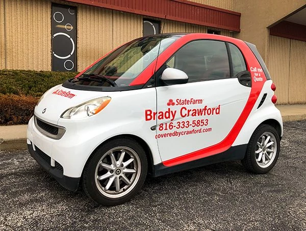 Full Color Vinyl Vehicle Decal Graphics for Smart Car for Brady Crawford State Farm Agent in Kansas City, Missouri