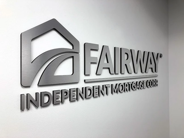 Interior Brushed Silver Dimensional Logo for Fairway Independent Mortgage in Prairie Village, KS