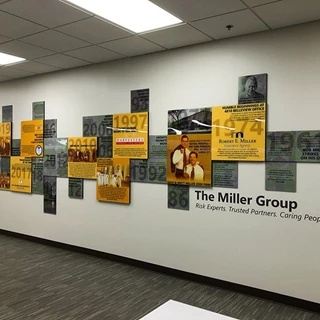 Custom Interior Acrylic and PVC Dimensional Timeline Wall Display for The Miller Group in Kansas City, Missouri