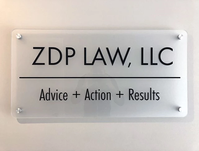 Interior Frosted Acrylic Display with Brushed Standoffs for ZDP Law in Kansas City, Missouri