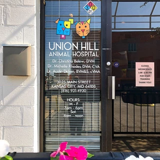Interior Cut Vinyl Window Graphics and Lettering for Union Hill Animal Hospital in Kansas City, Missouri