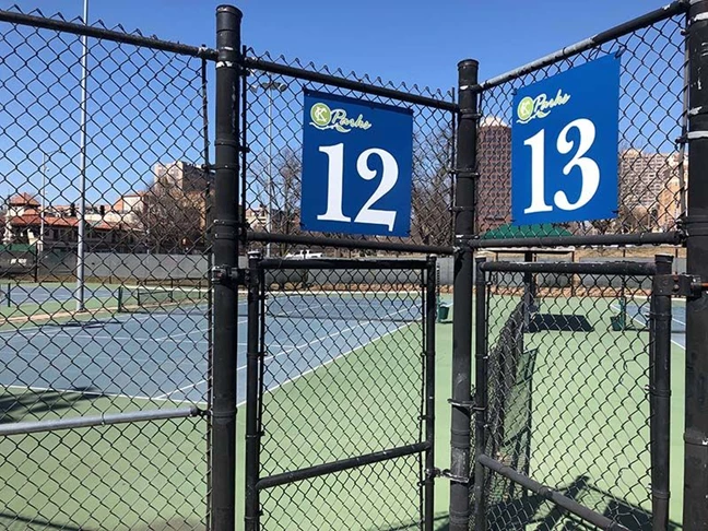 Exterior Aluminum Composite Court Number Wayfinding Signs for Plaza Tennis Center in Kansas City, Missouri