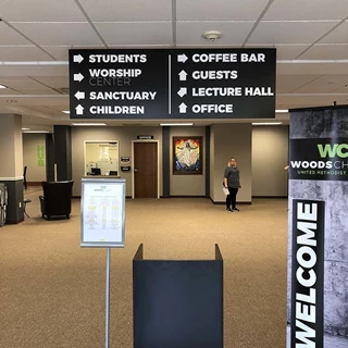 Interior Hanging Wayfinding Sign for Woods Chapel Church in Lee