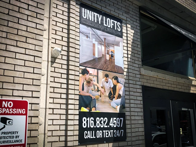 Exterior Wall Vinyl Banner for Unity Lofts in Kansas City, Missouri