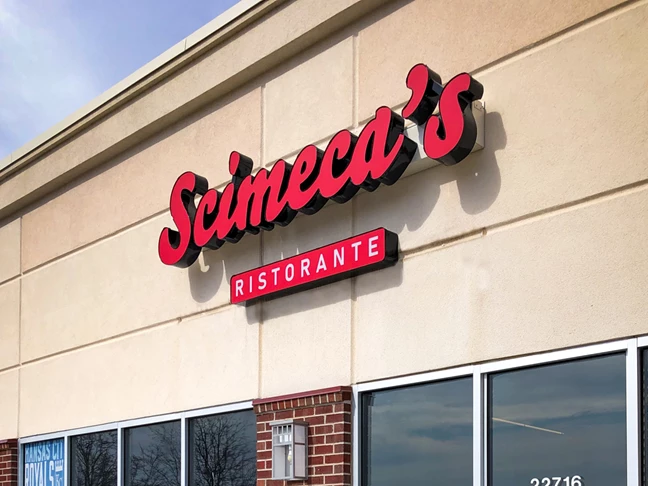 Exterior Channel Letters on Raceway and Illuminated Capsule for Scimecas Ristorante in Shawnee, Kansas